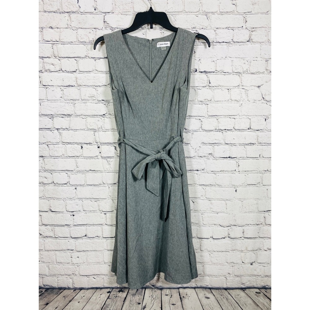 Calvin Klein Dress Womens V-Neck Belted Fit & Flare Gray 4 Excellent Sleeveless